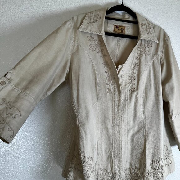 Scully Womens Beige Western Rodeo Fitted Long Sleeve Shirt Embroidered Size M - Picture 3 of 13